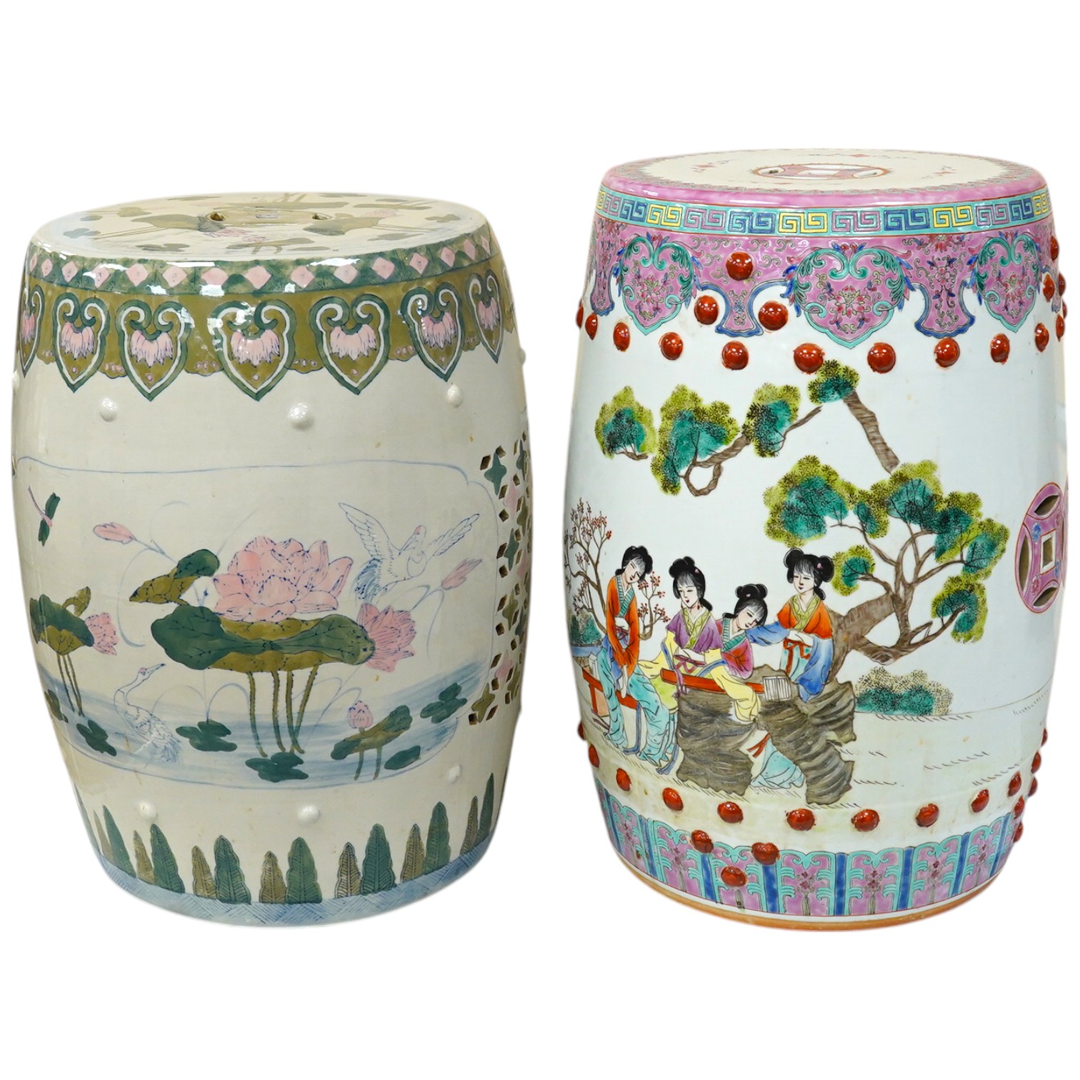 Two Chinese porcelain barrel shaped garden seats, tallest 49cm high. Condition - good